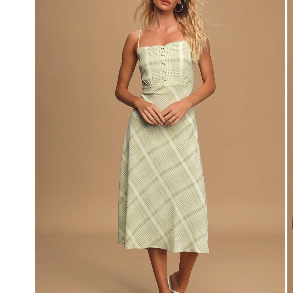 Lulus Just My Luck Light Green Plaid Sleeveless Midi Dress